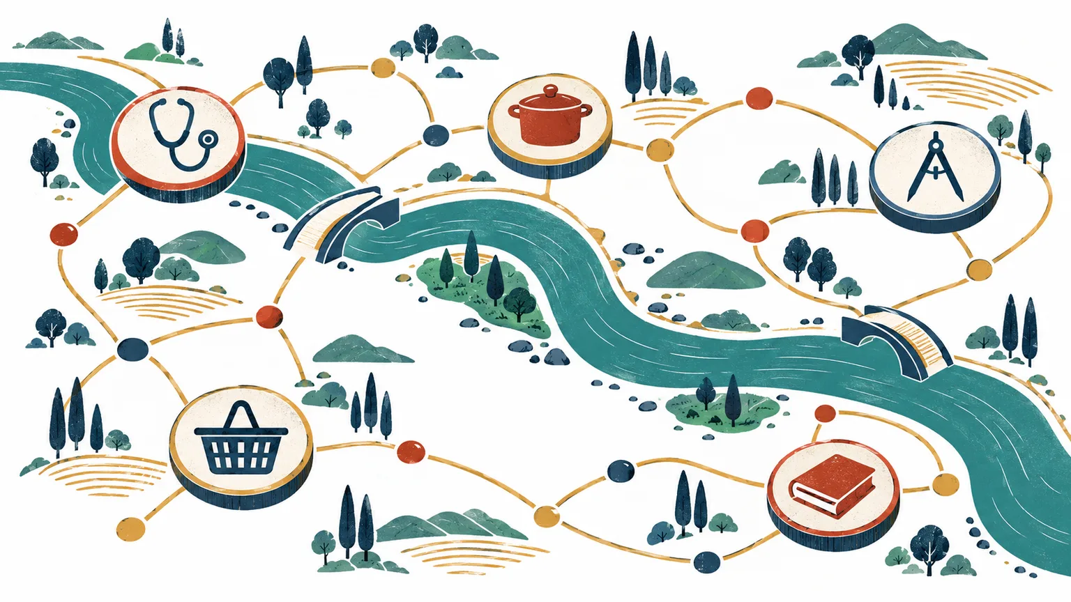 Illustration de symboles de métiers répartis autour d’une courbe de rivière