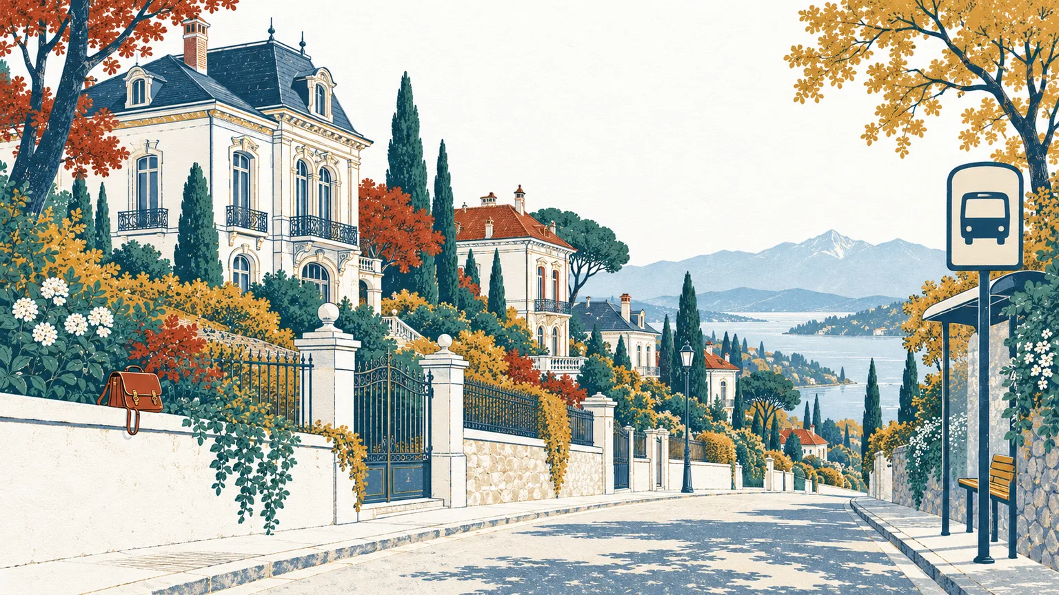 Illustration d’une rue de villas en pente avec un arrêt de bus et la ligne des montagnes au loin
